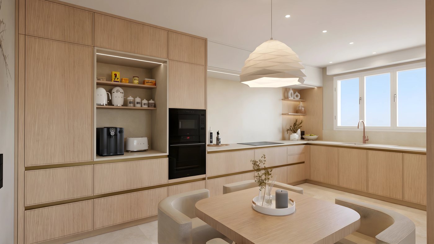 Cuisine japandi colonne rangements — Atelier Genèse