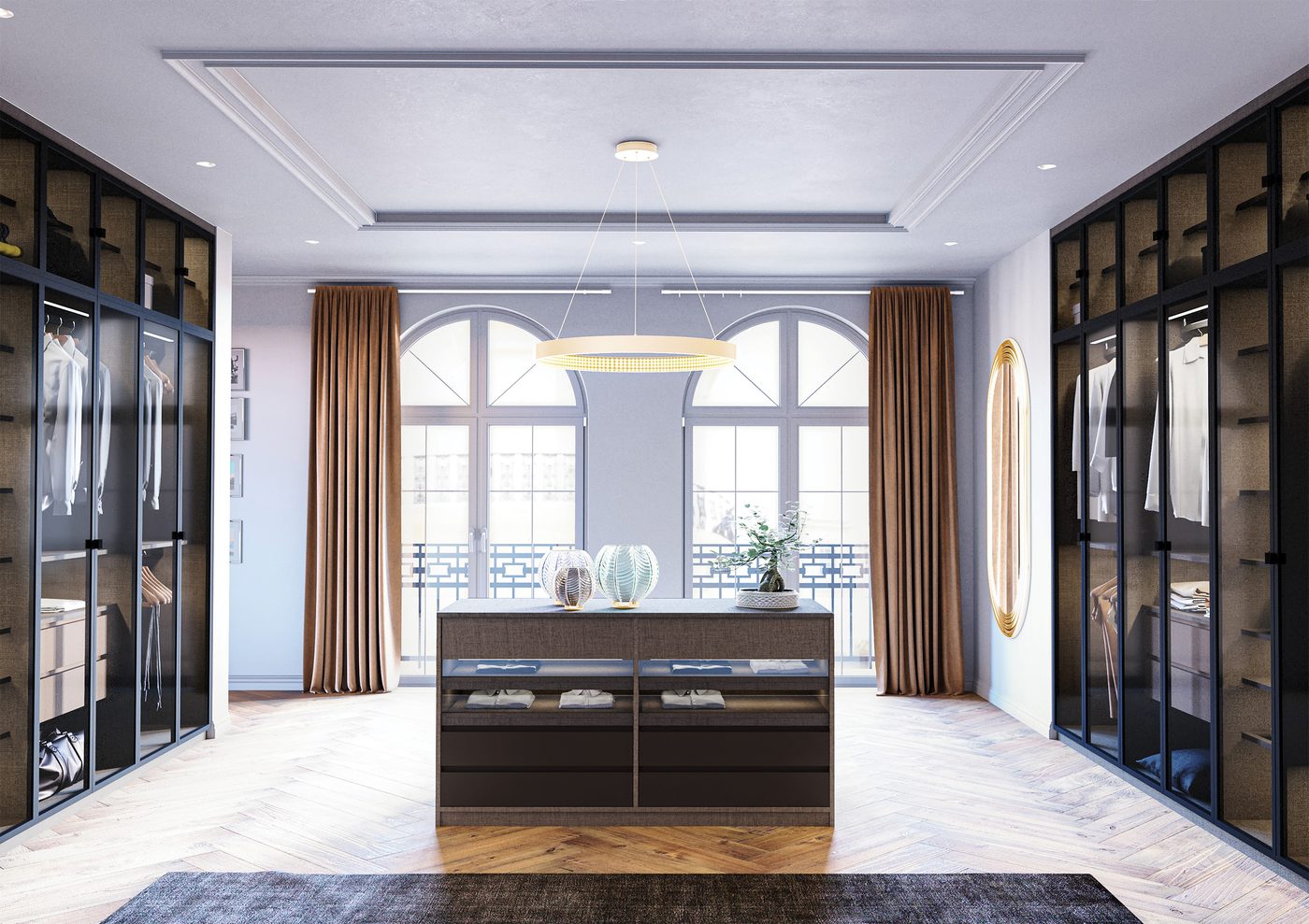 Dressing prestige armoires vitrées îlot — Atelier Genèse